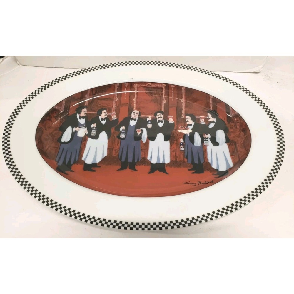 GUY BUFFET LES GARCONS OVAL SERVING PLATTER 16 3/8" CHECKED‎ RIM WAITERS